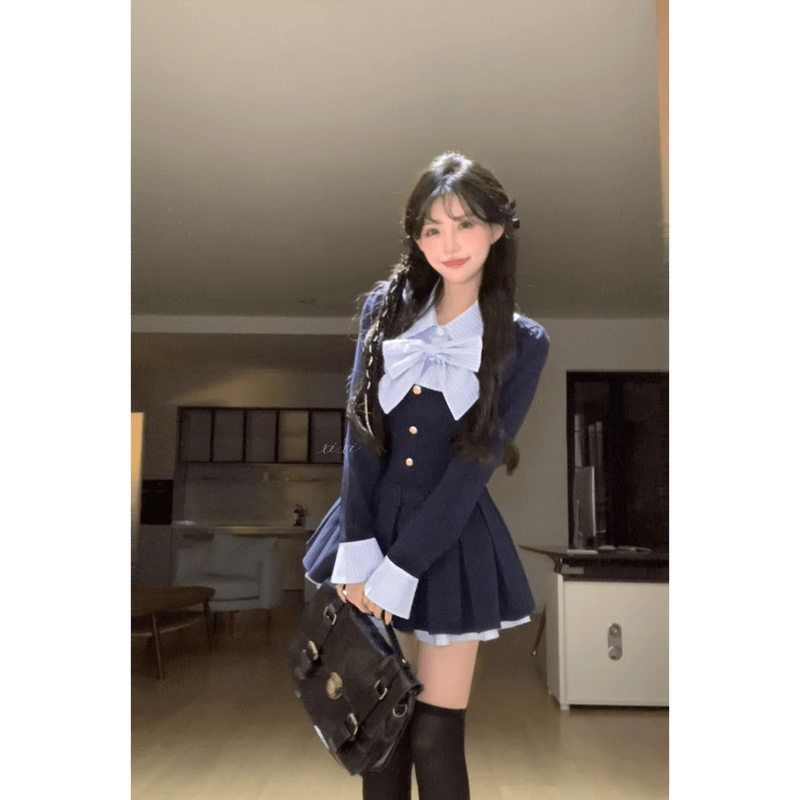 长袖）设计感学院内里连衣裙学院风秋季拼接蓝屿下 （新款