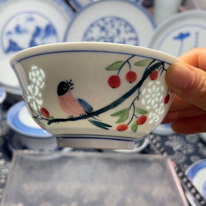 陶手绘雕刻5寸花鸟小饭碗