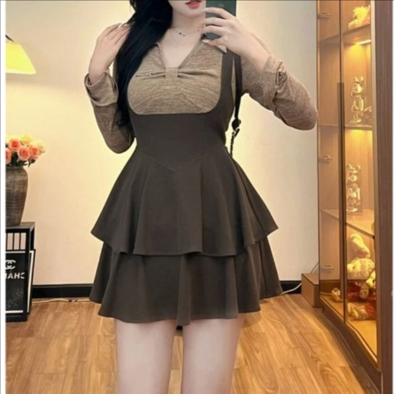 【岩心】大码女装300斤胖MM时尚百搭设计感假两件连衣裙975