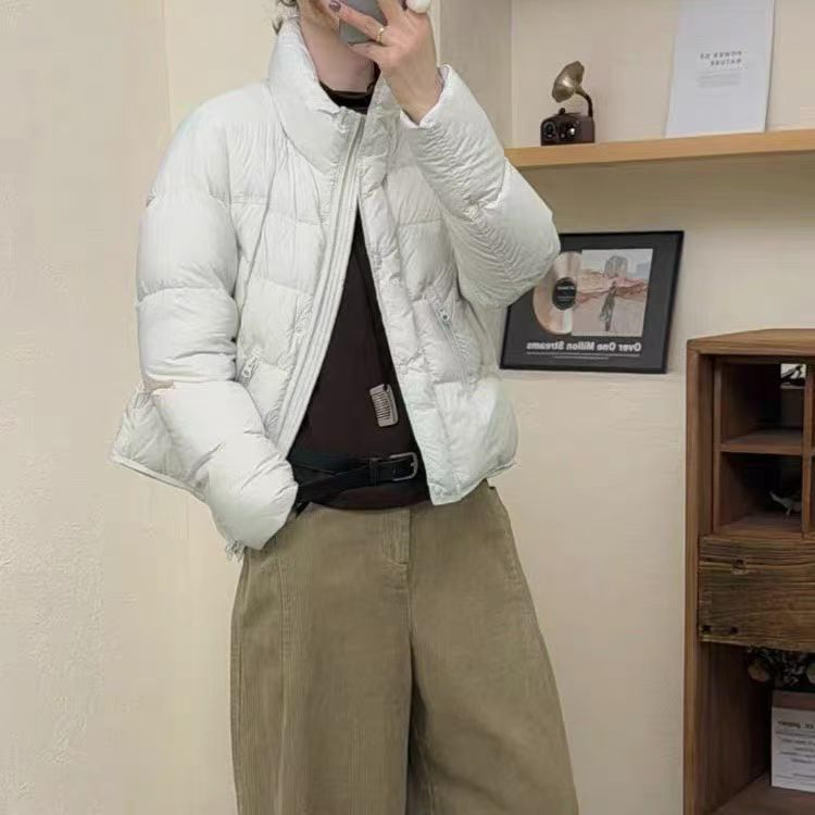 【youni】复古简约拼皮领短款夹棉牛仔棉服外套