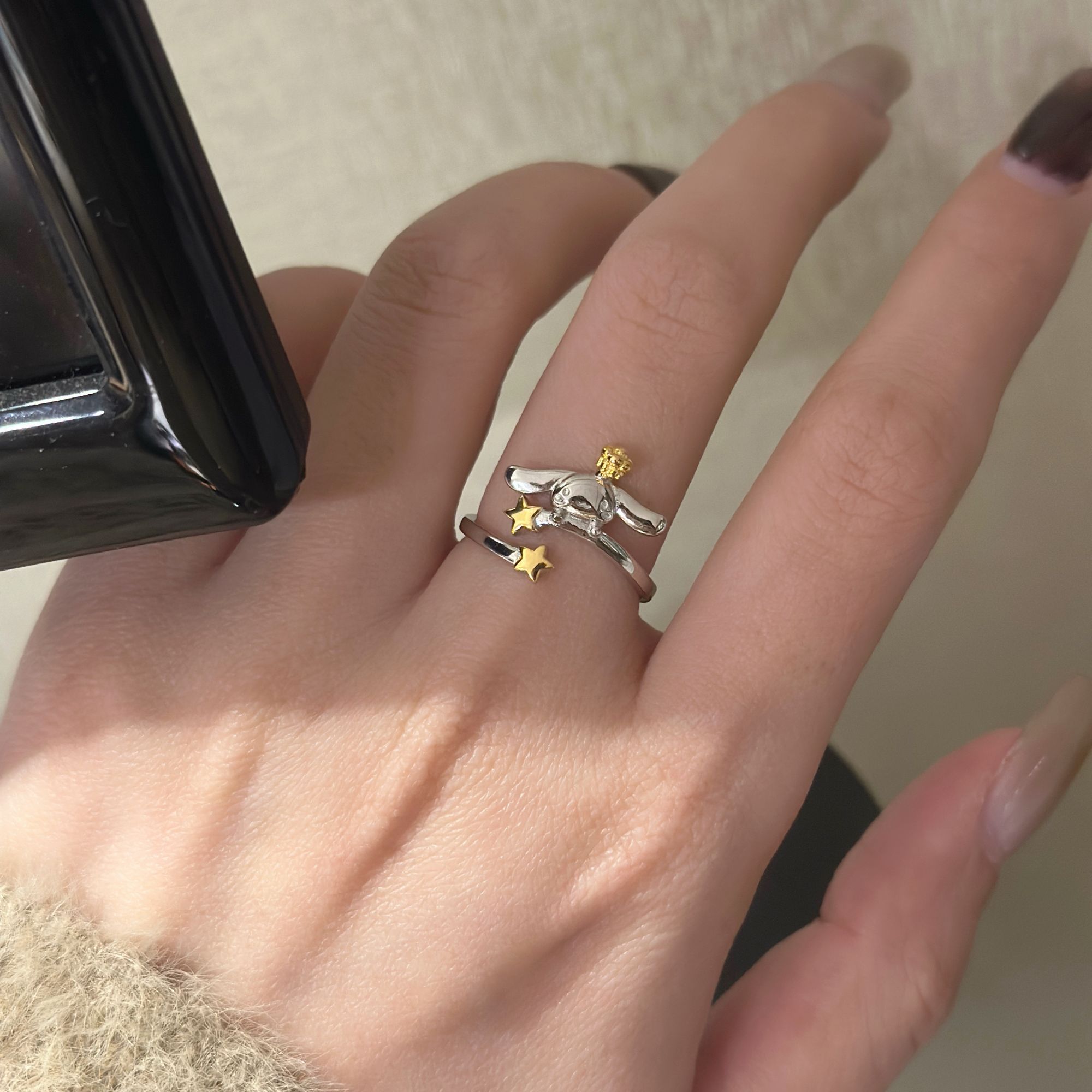 925银戒指 日系长耳狗狗金银分色戒指开口9977