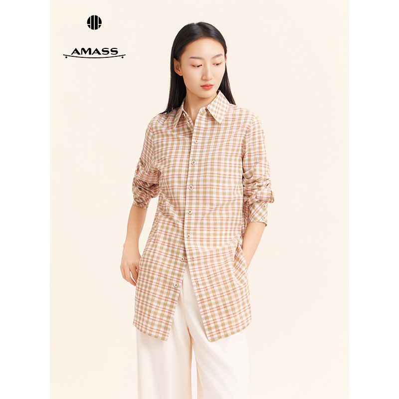 AMASS/阿玛施新款百搭时尚格纹衬衣复古长袖宽松衬衫女530107