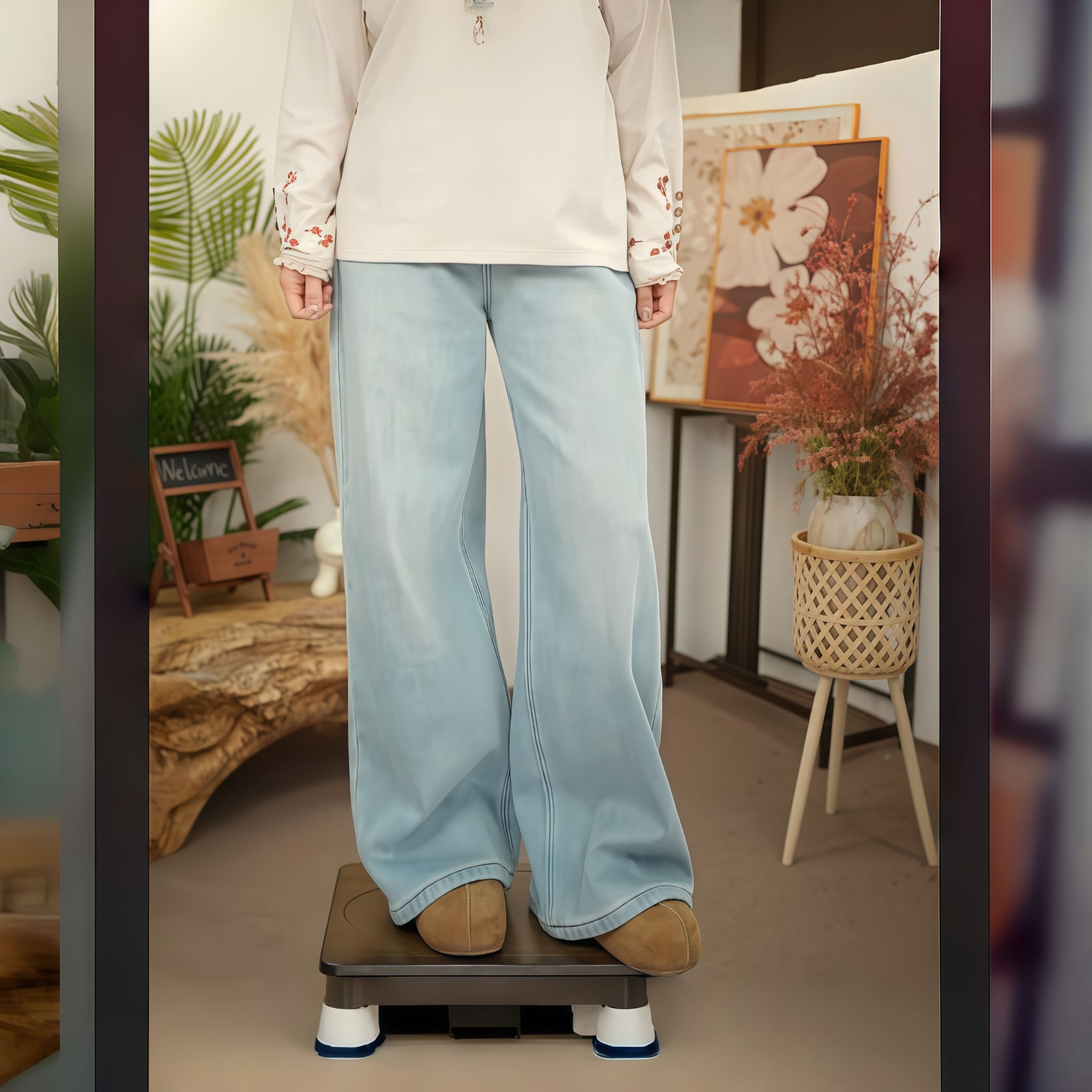 【洱海】裤子秋季蓝色显瘦新中式牛仔裤高腰秋季阔腿裤女