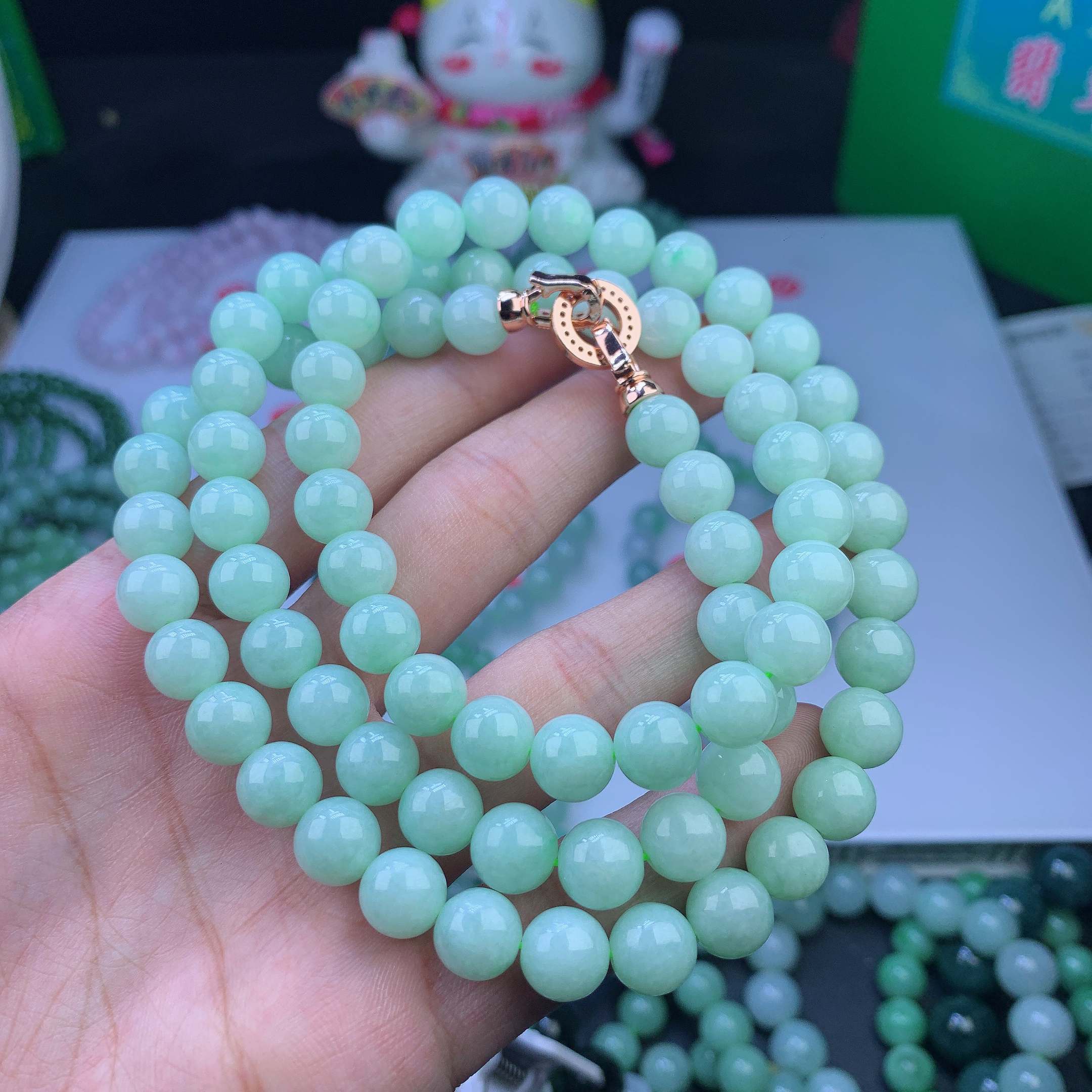 正品缅甸天然翡翠A货冰润满色果绿项链多圈手链9m长链绿色时尚