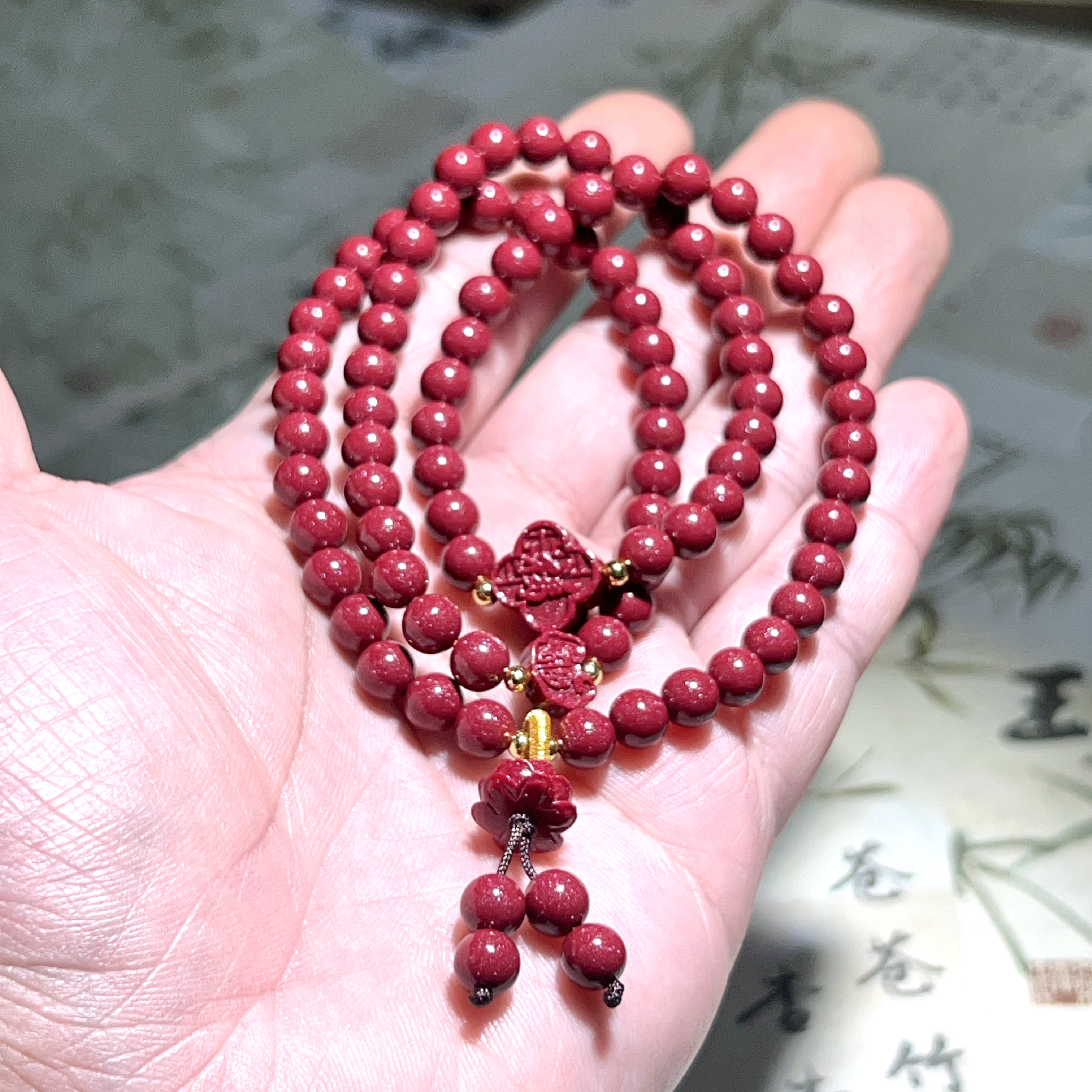 含辰砂工艺品高含量紫金砂福牌四叶草三圈6mm莲花手串正品朱砂