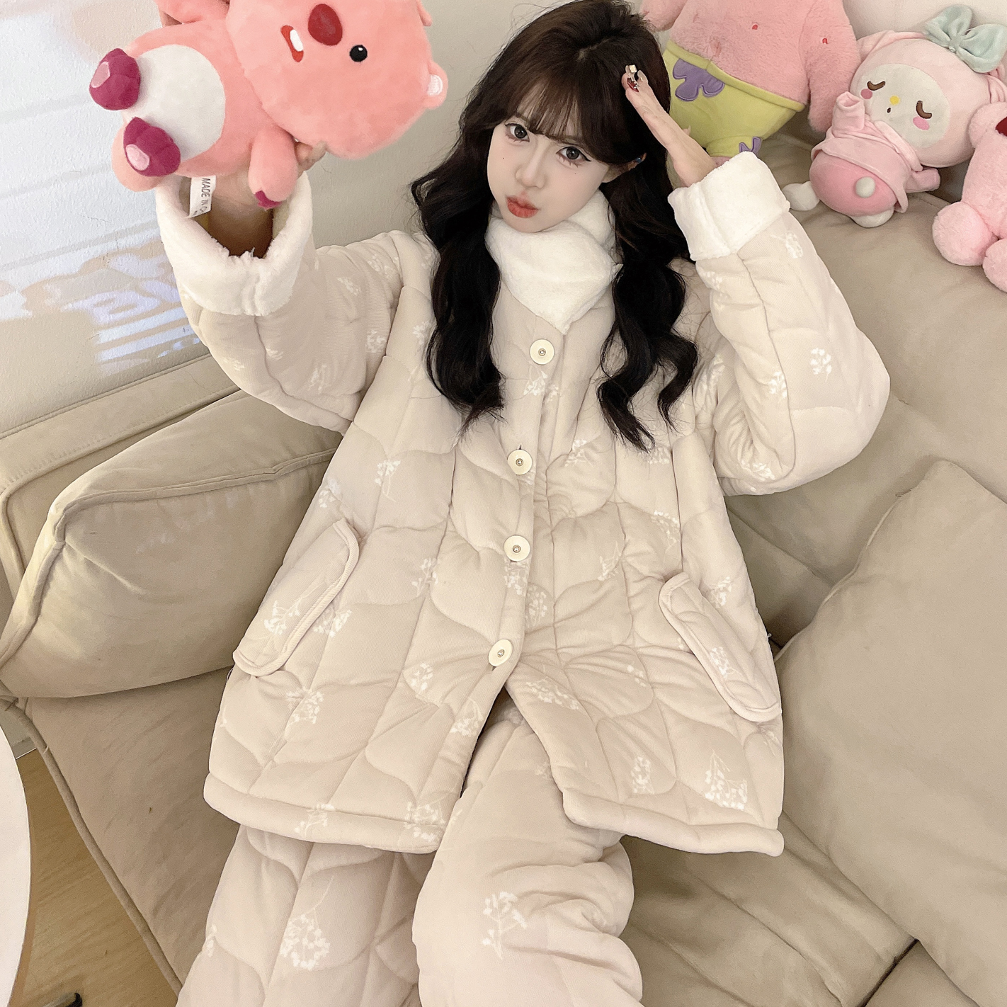 【Y914中长款女冬季新款夹棉睡衣】三层加厚加绒夹棉睡衣套装可外穿