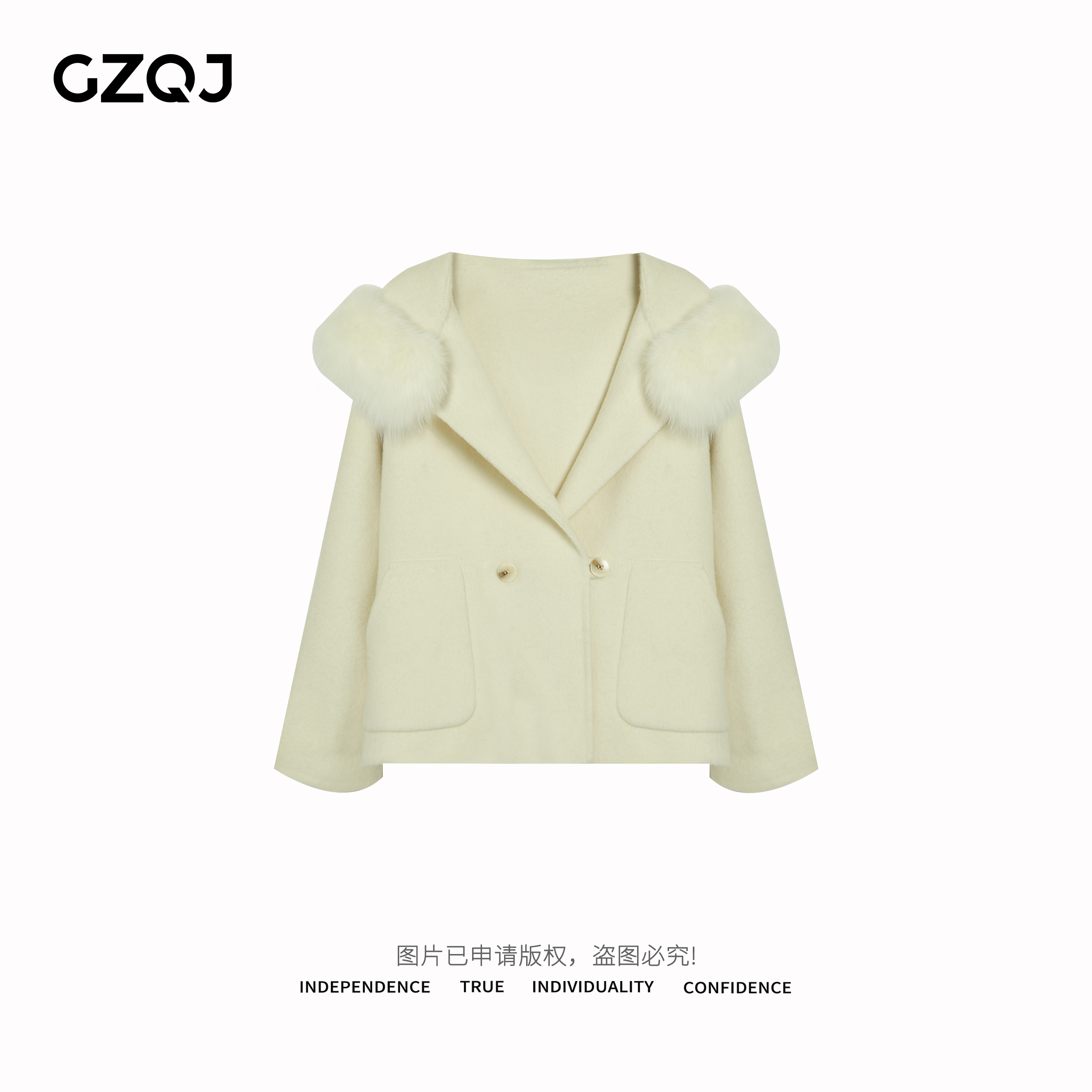 GZQJ【北欧雪宝】时尚狐狸毛领连帽羊毛大衣女士冬季毛呢外套M 12瑕