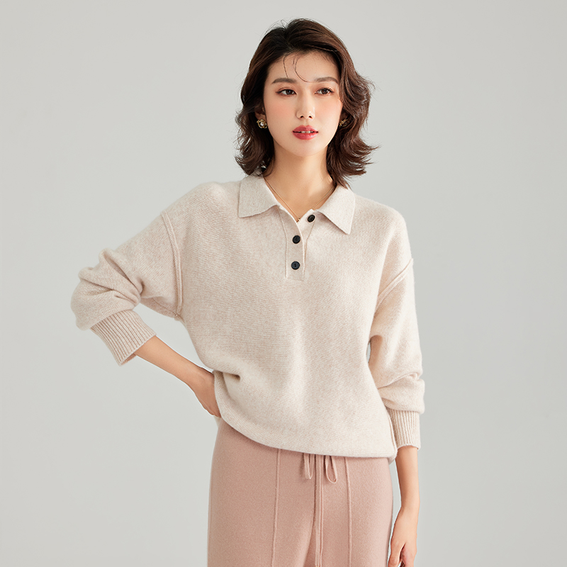 【100% 山羊绒】秋冬翻领半开襟针织衫女宽松羊绒上衣 BC2110071