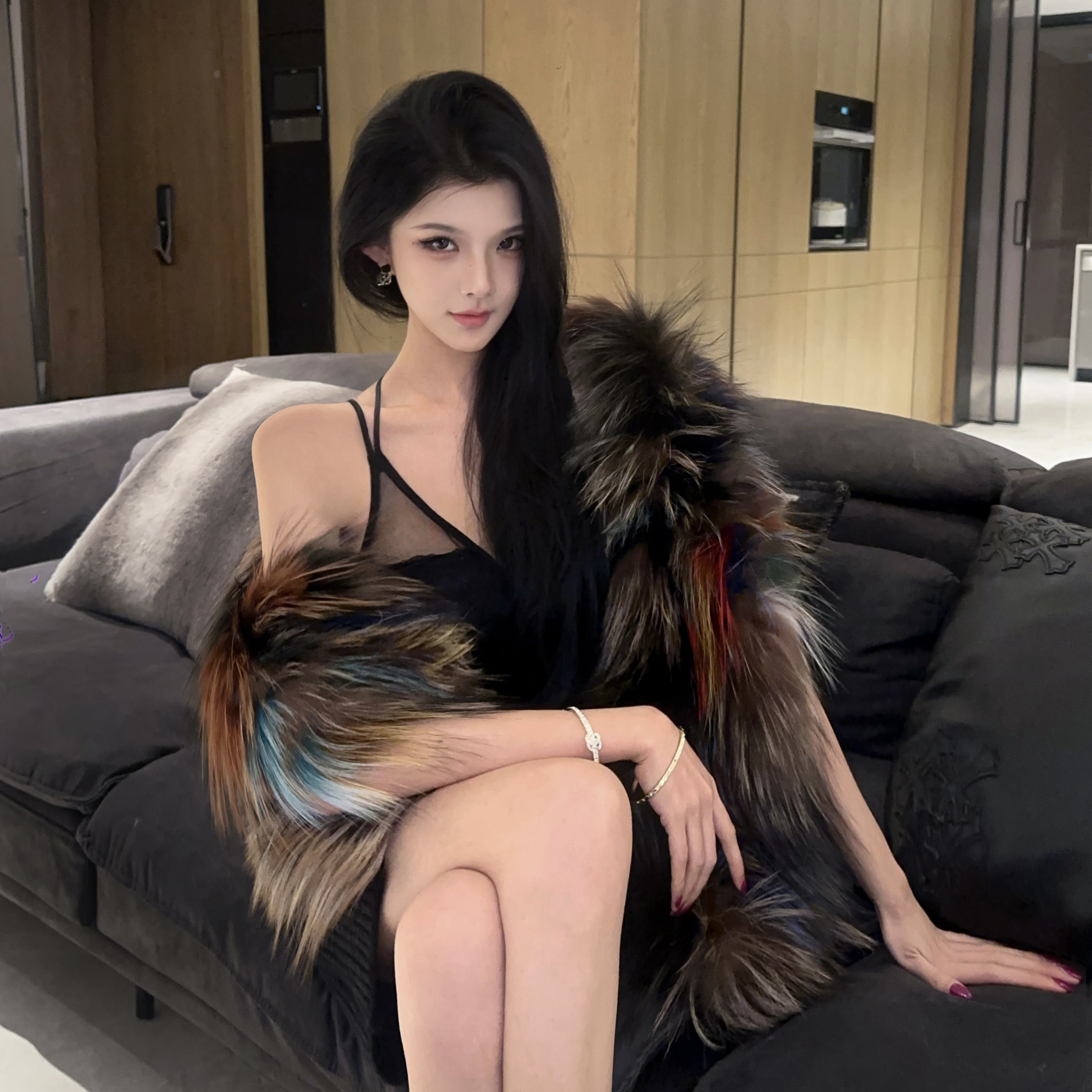 夏媛原创 七彩媚狐 狐狸毛披肩围巾