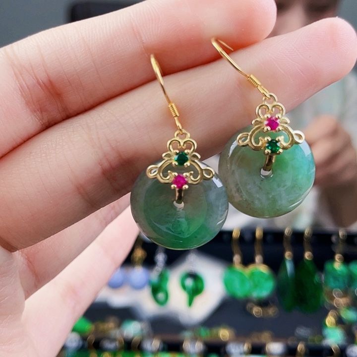 翡翠耳饰银S925镶嵌饰品