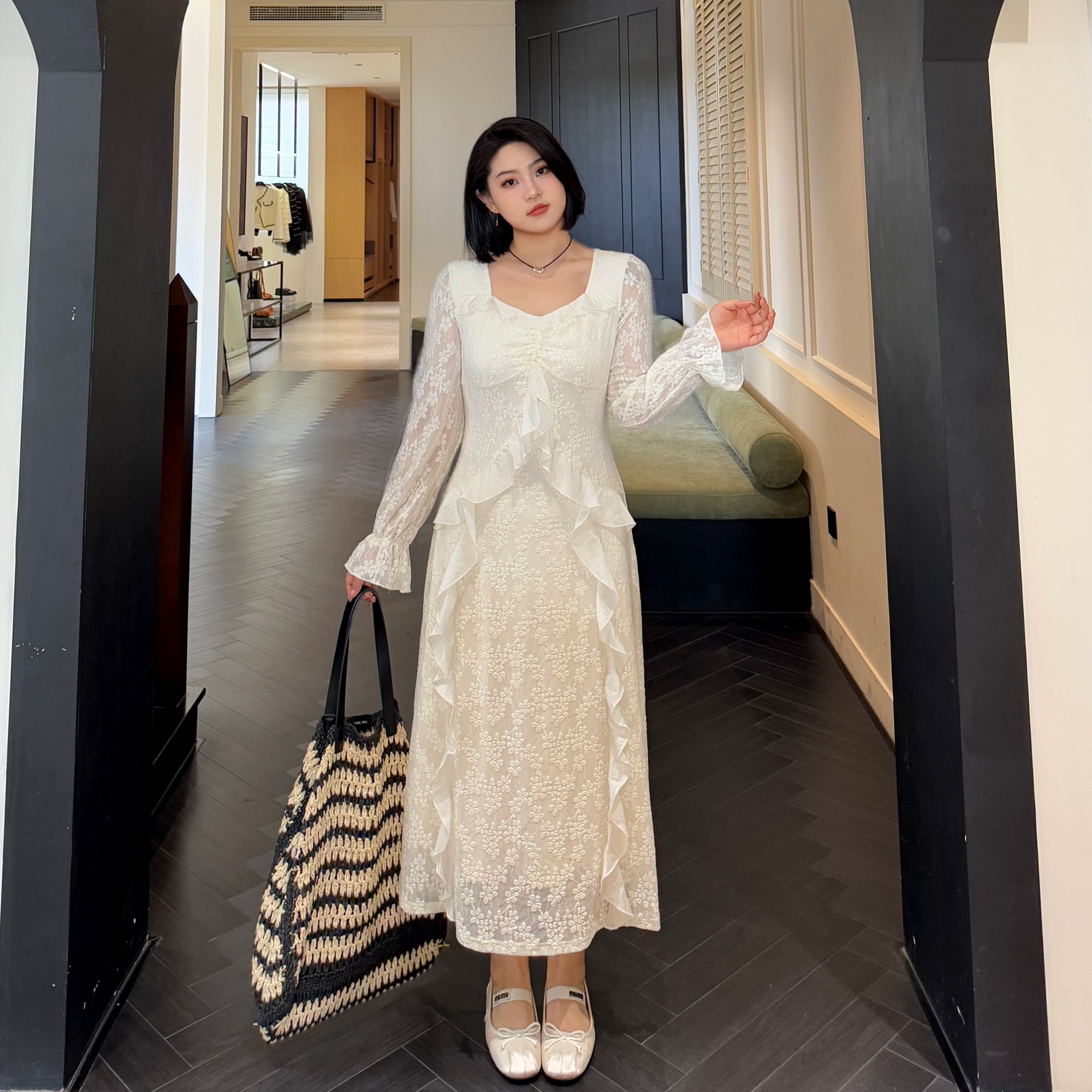 清【云水谣】春季法式气质长袖轻熟风仙女裙大码连衣裙-F0074