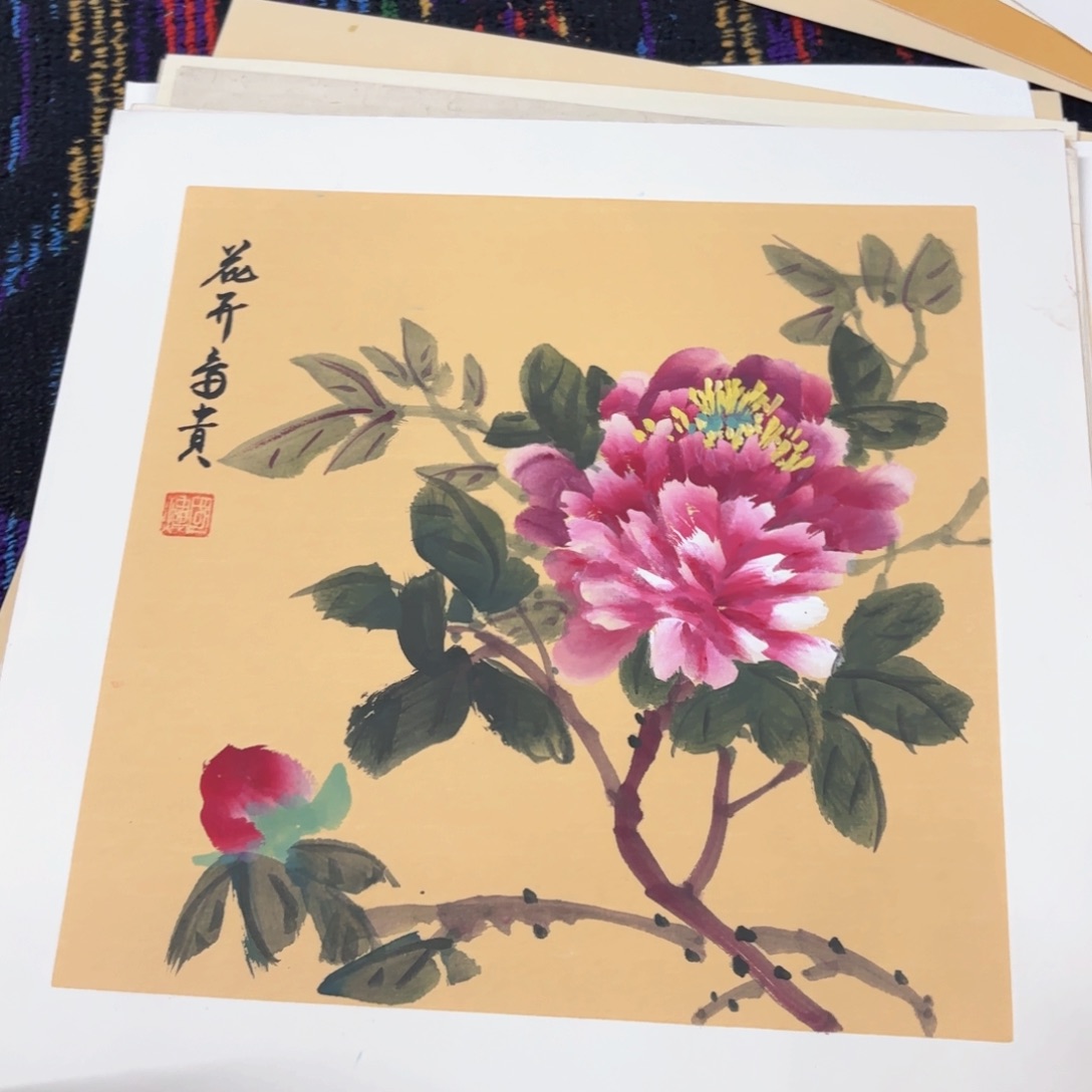 国画手绘山水花鸟斗方33