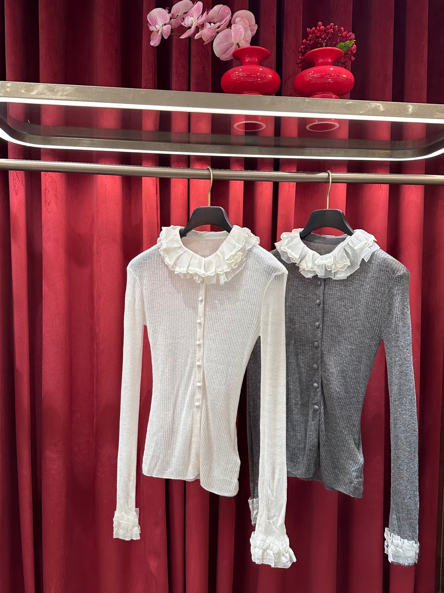 no退no换YOYOUNA法式浪漫荷叶领拼接雾凇灰针织上衣打底