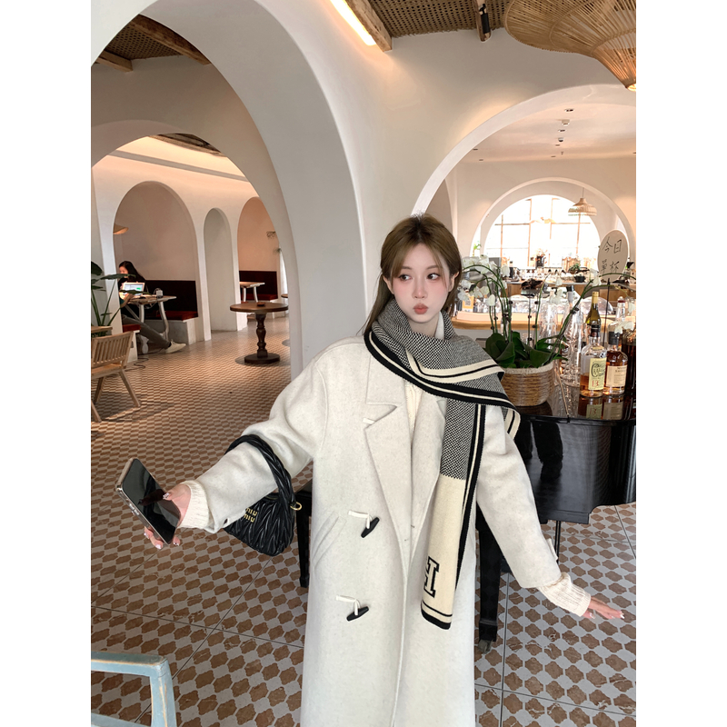 萌萌Ja」心动百利甜 少女系手工双面尼长款大衣女秋冬牛角扣外套