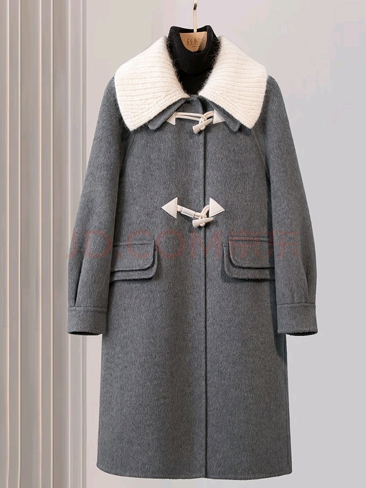 秋冬复古翻领长袖双面呢撞色中长款大衣外套