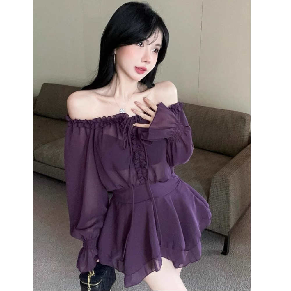 pinkmoon||紫色一字领木耳边打底长袖雪纺衬衫短裙法式气质绑带