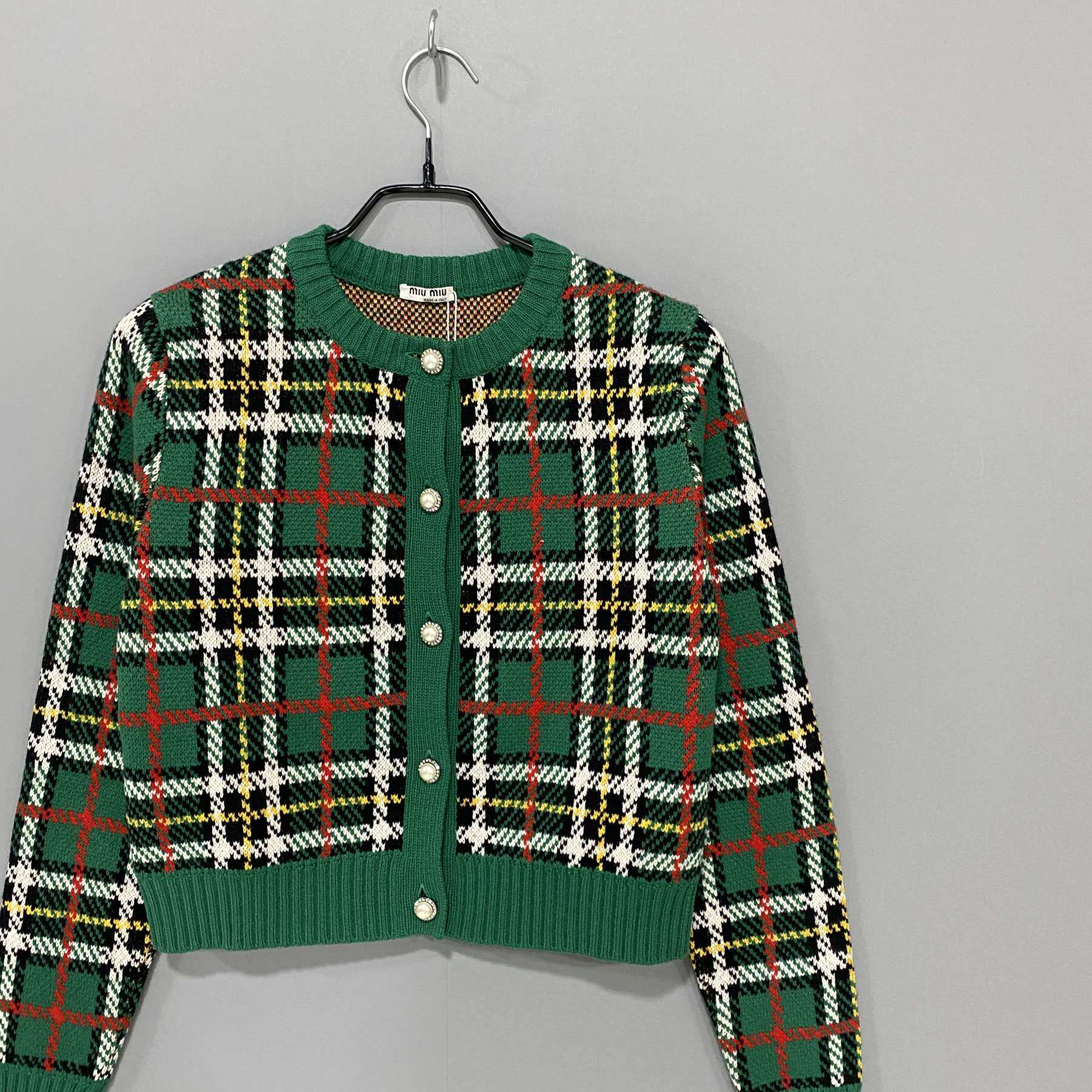 99新 MIU MIU/缪缪 绿色格纹珍珠开衫/38码/16409