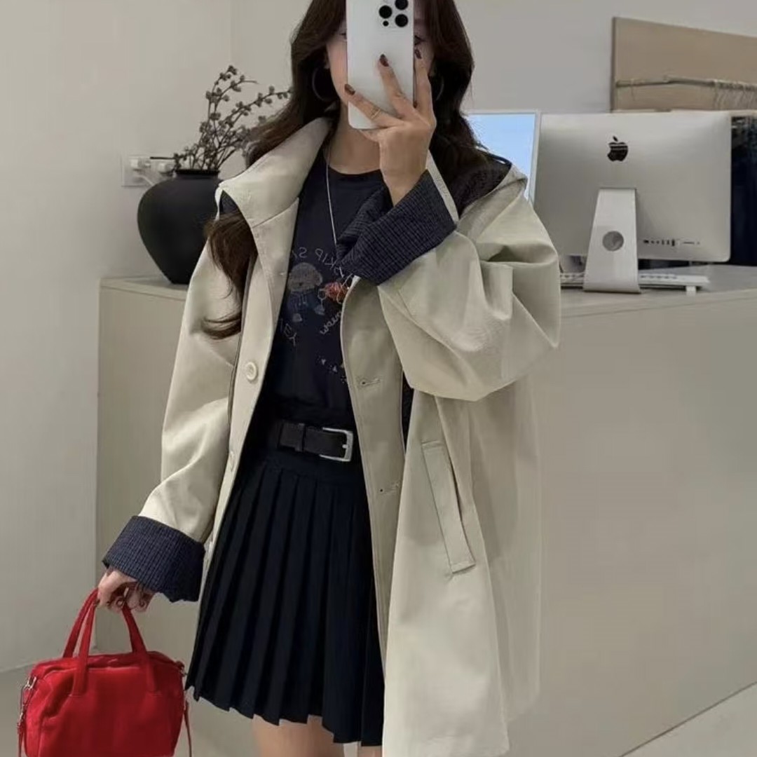 学院风格纹拼接可拆卸帽子女款中长款早秋风衣
