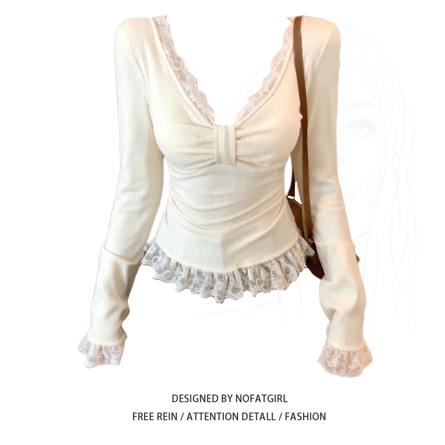 大码胖MM法式蕾丝拼接V领长袖打底衫女秋冬新款修身显瘦温柔上衣