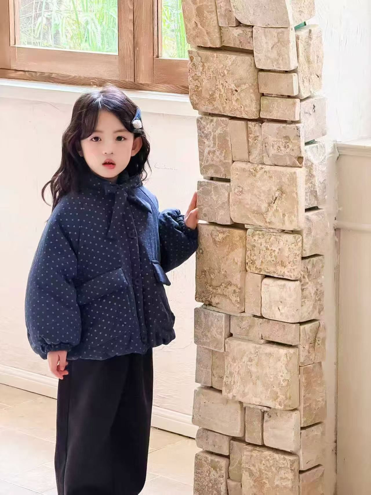 女童波点冬季蓝色厚款棉服蝴蝶结领带韩版