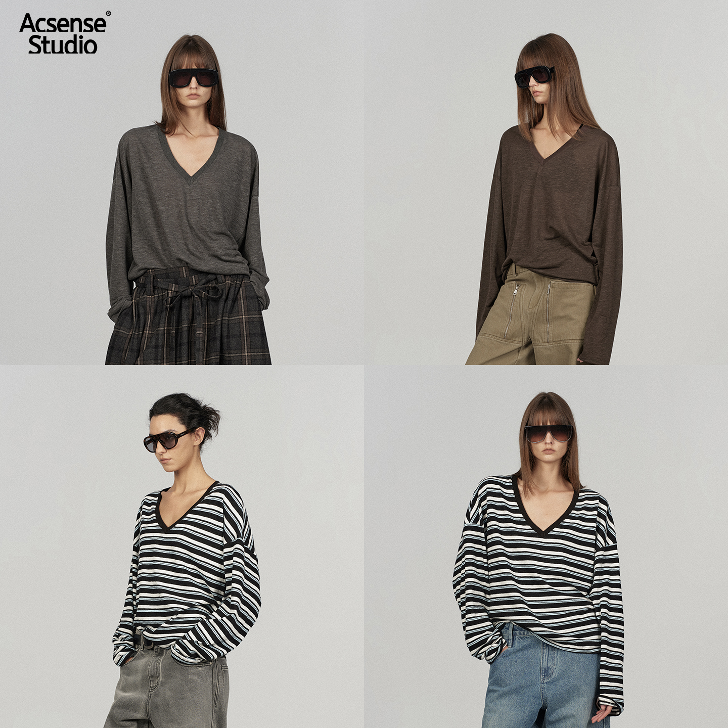 ACSENSE STUDIO竹节肌理极简慵懒V领T型感长袖
