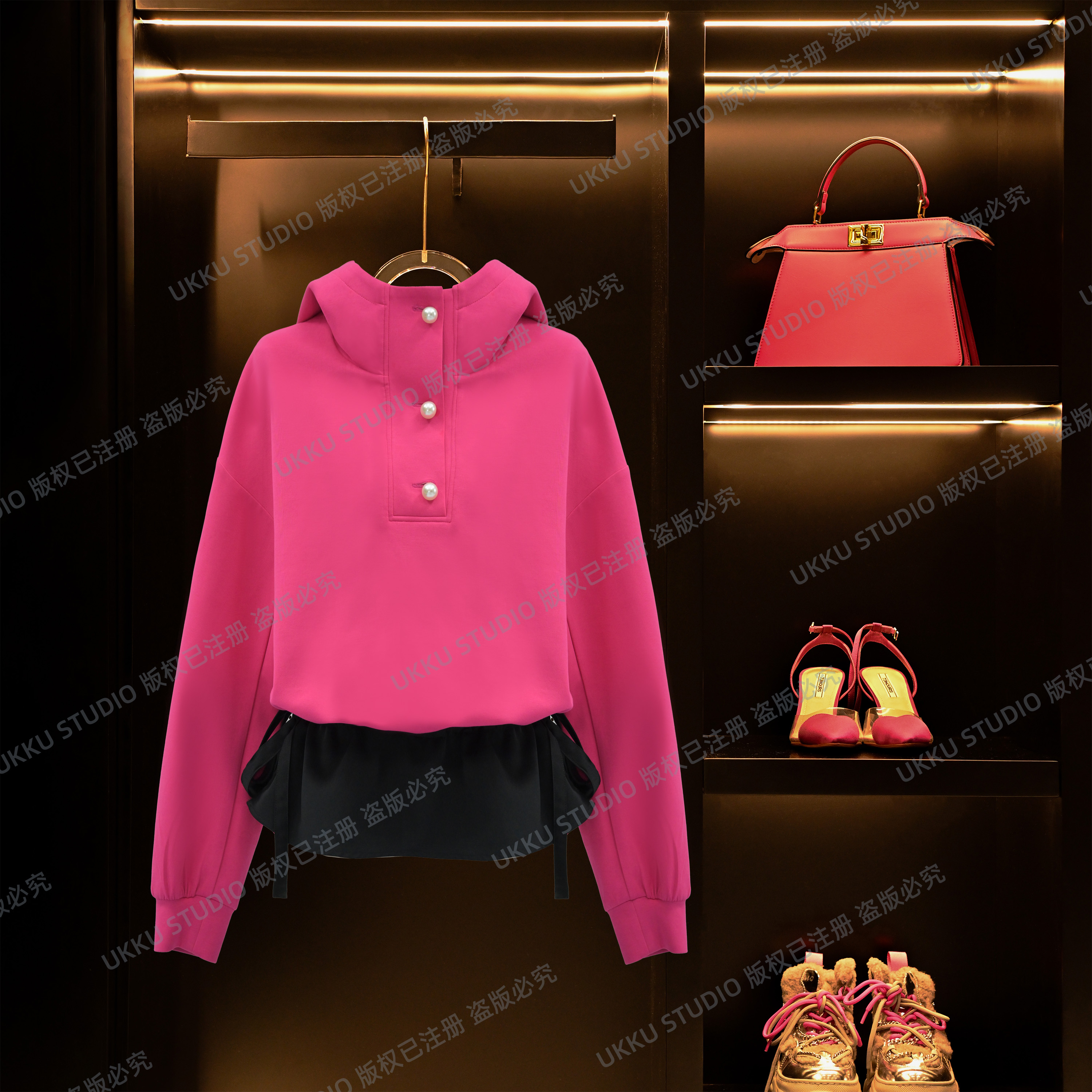 小尧【UKKU STUDIO】早秋新款设计感不规则连帽拼接抽绳卫衣312551