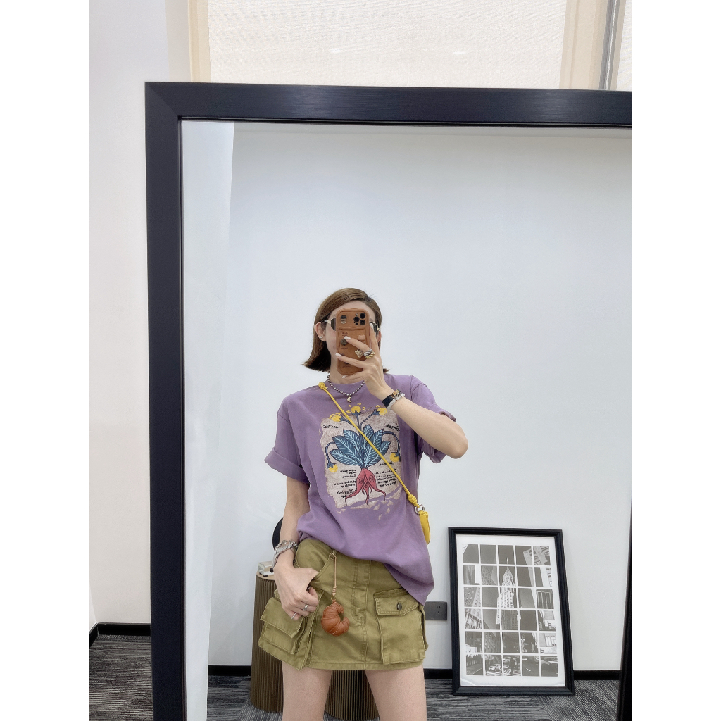 AMYLIANG｜【芝芝葡萄】设计感植物印花刺绣工艺宽松休闲短袖T恤0265