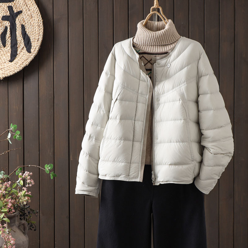  【涧蓝正品】冬季新款拼色圆领90白鸭绒羽绒服女保暖休闲显瘦外套