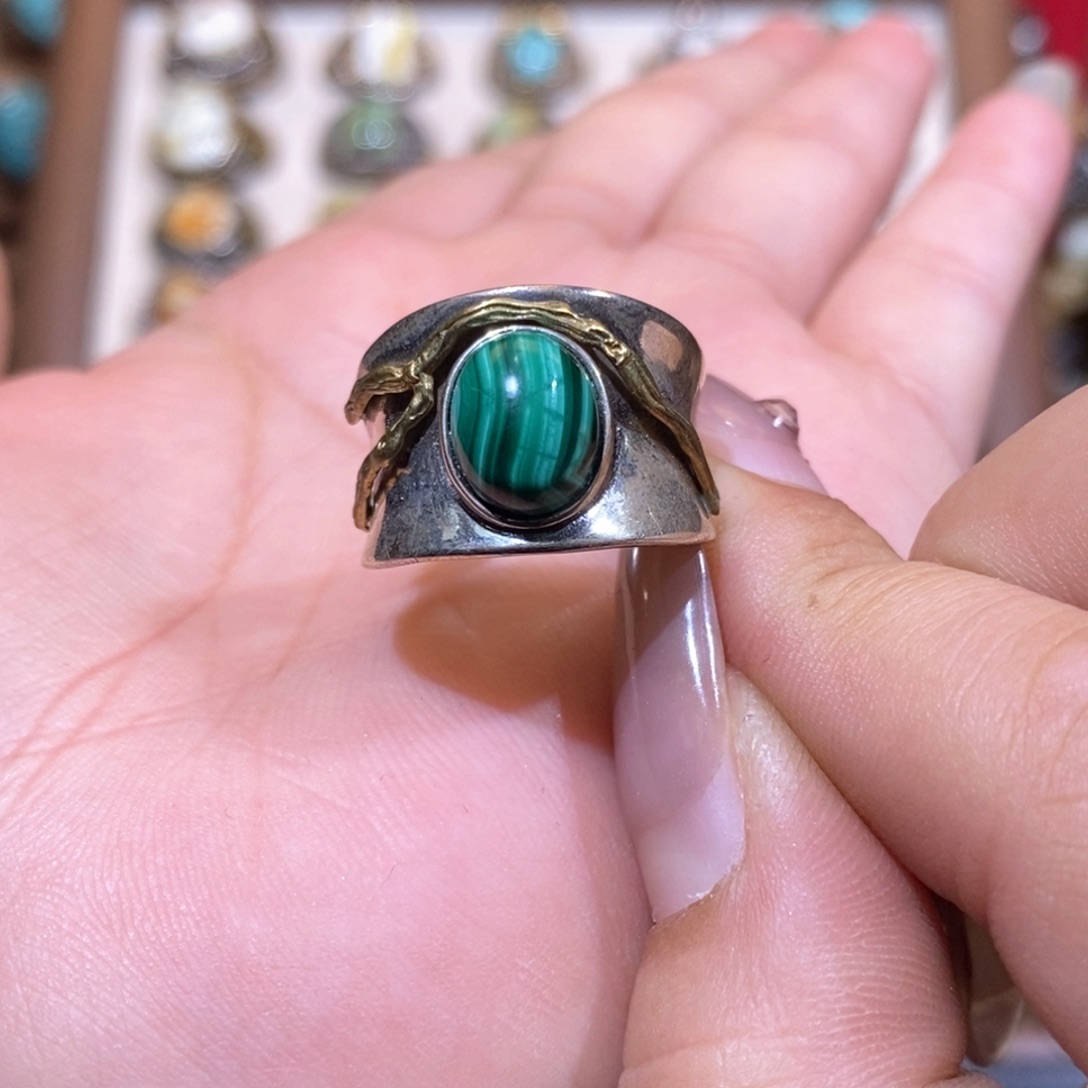 孔雀石戒指银S925镶嵌沐****店戒指