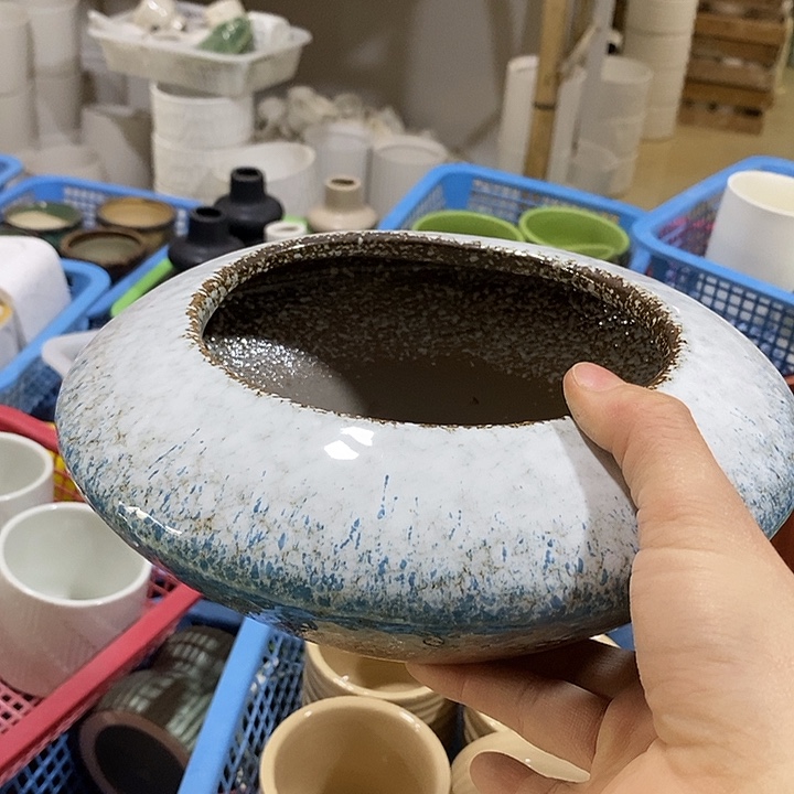 陶摆件陶盆有孔 瑕疵针孔漏釉介意勿拍外口 13*20外高8
