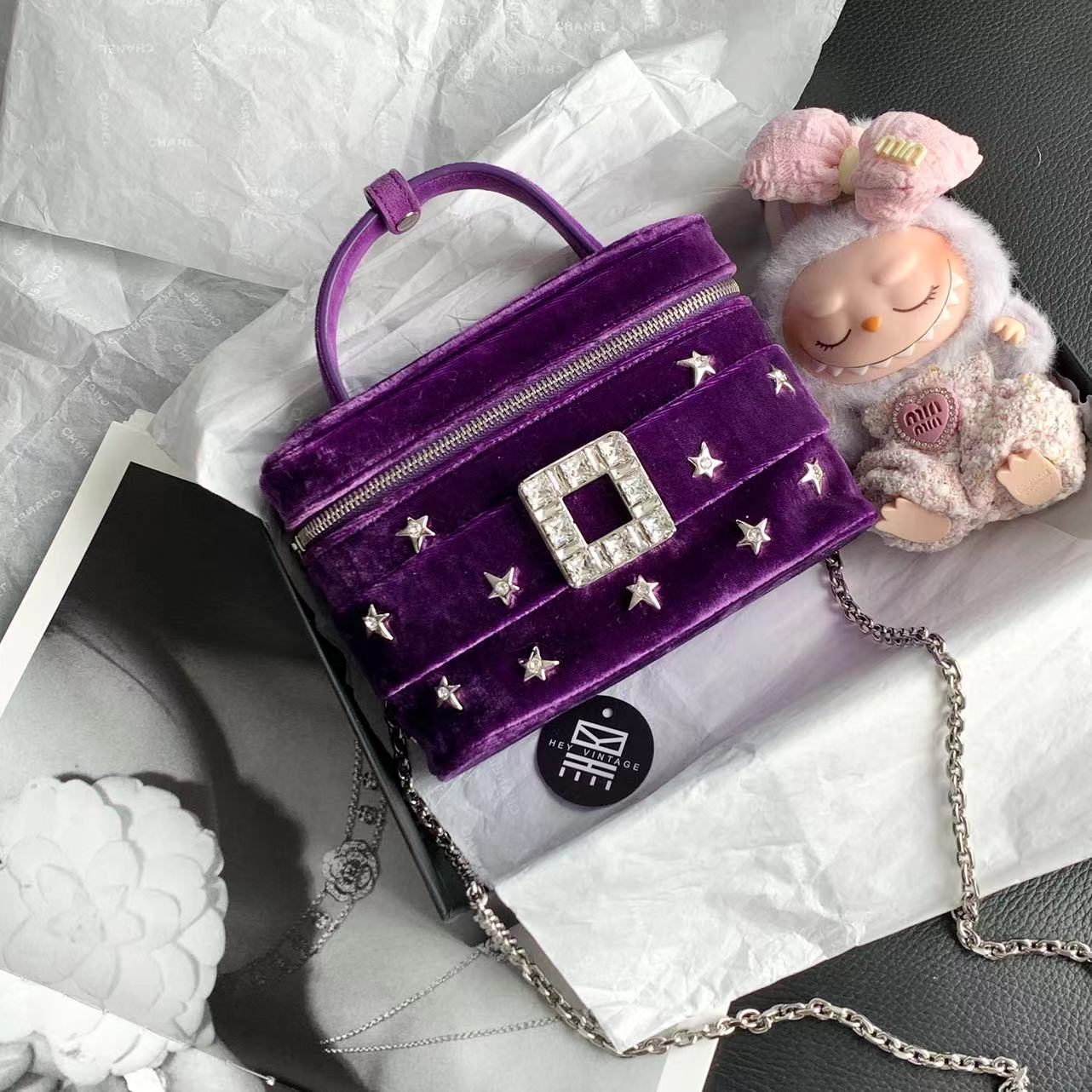 95新 Roger Vivier/罗杰·维威耶 RV紫色丝绒方钻盒子包 14363117