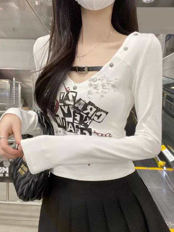 长袖V领拼色拼接纯欲风T恤显瘦高腰短款印花夏季内搭