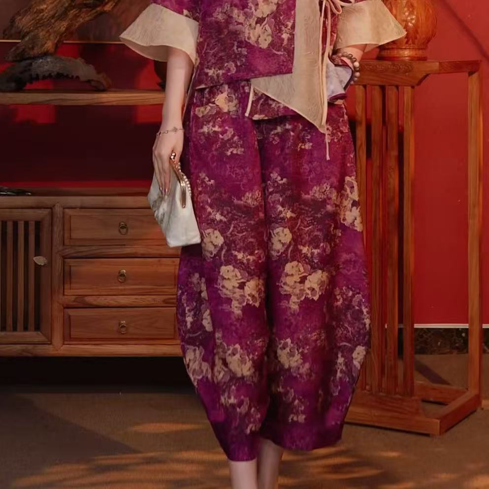 【十二花神】暮山紫鸢尾花色提花花萝7分裤花苞裤