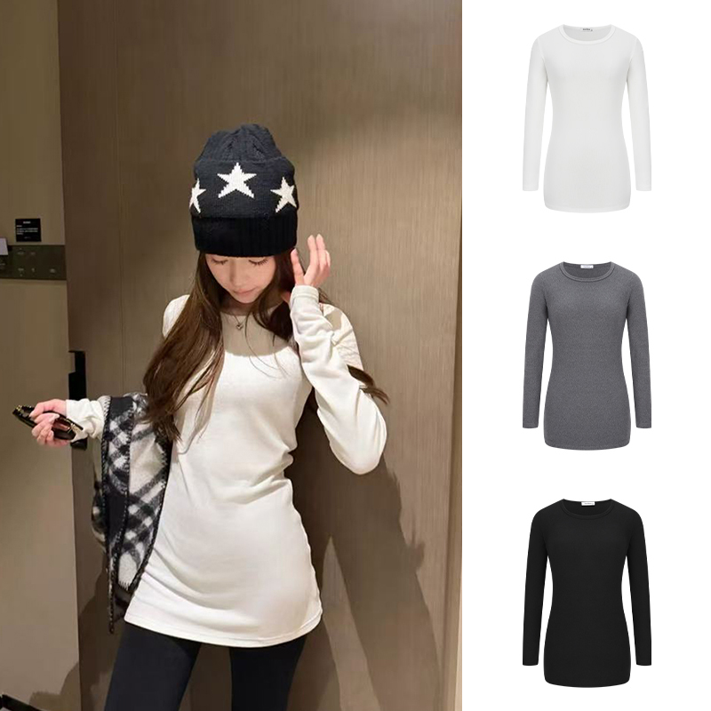 MosesQueen/魔西女王正肩圆领内搭收腰修身德绒慵懒风保暖打底衫