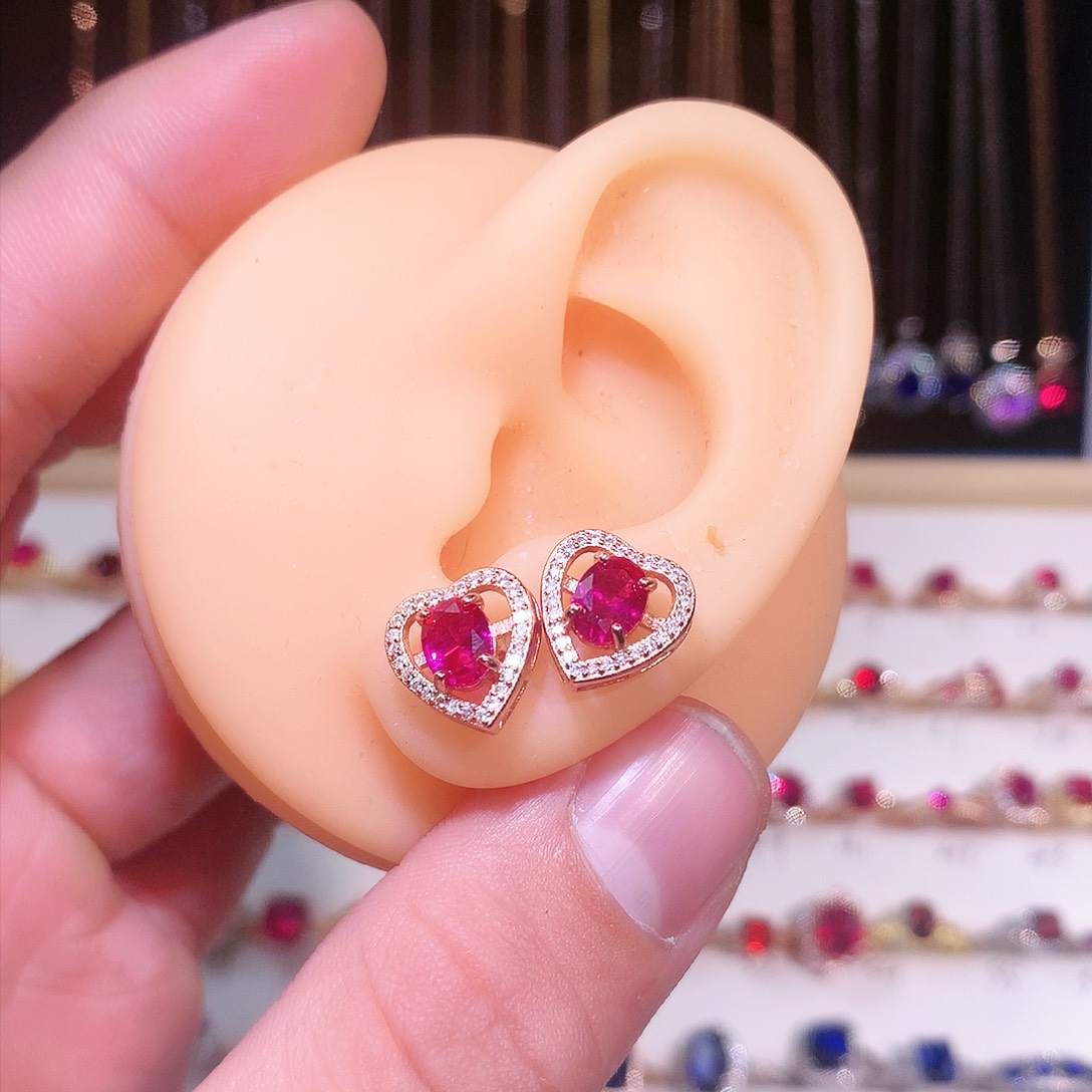 红宝石耳饰银S925镶嵌