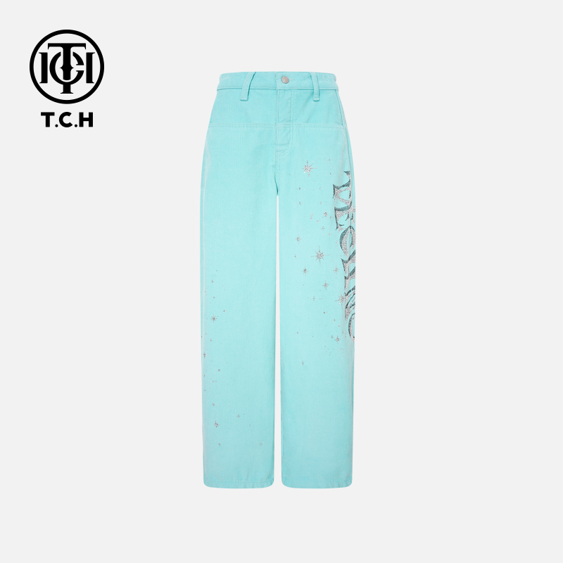 TCH私服秋冬氛围感烫钻时尚淑女蓝色休闲长裤T75D20E1045轻奢tch