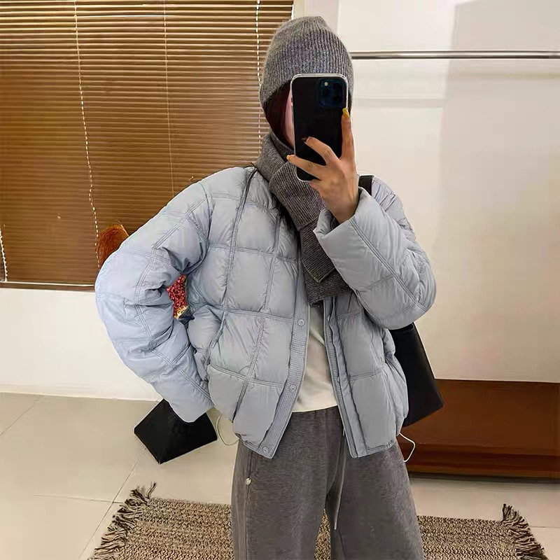 6005 韩系圆领方格泡芙轻薄加厚外套