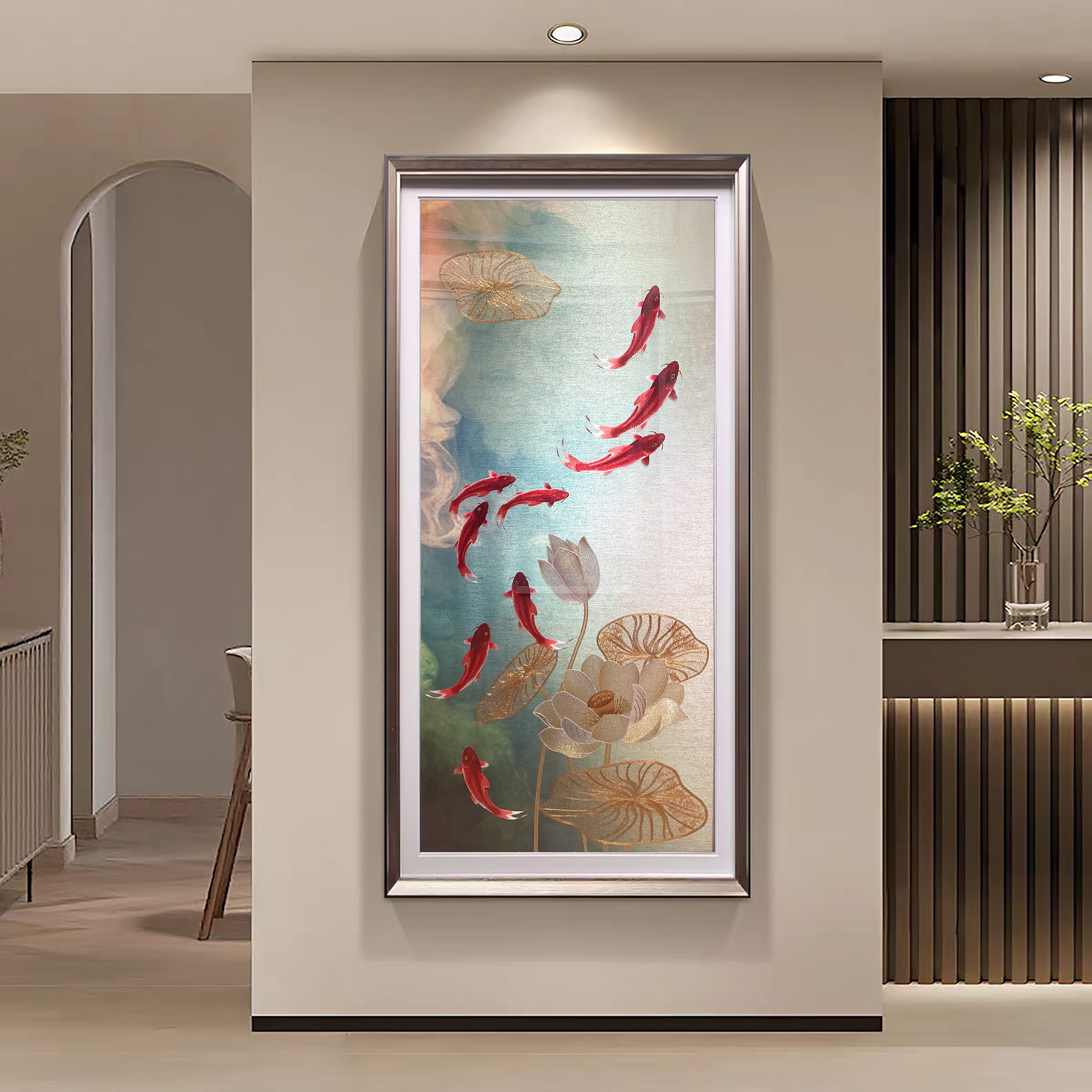 一杉高端刺绣装饰画《荷叶九鱼图》新中式客厅沙发背景墙装饰画