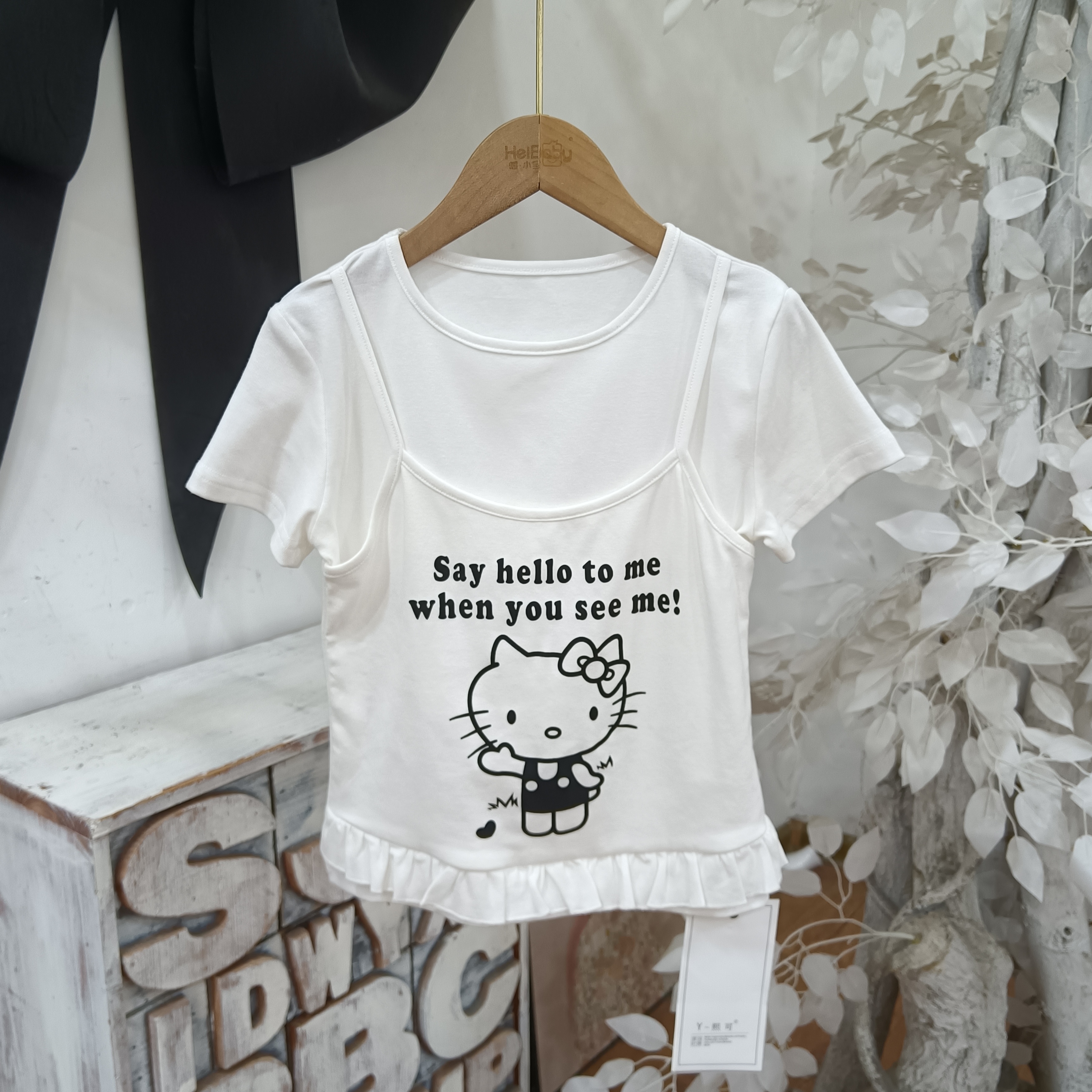 V752白色假两件上衣/丫一