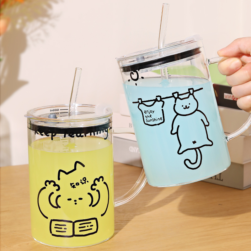 1000ml大容量玻璃杯耐高温水杯女学生上班族吸管杯带盖子把手刻度