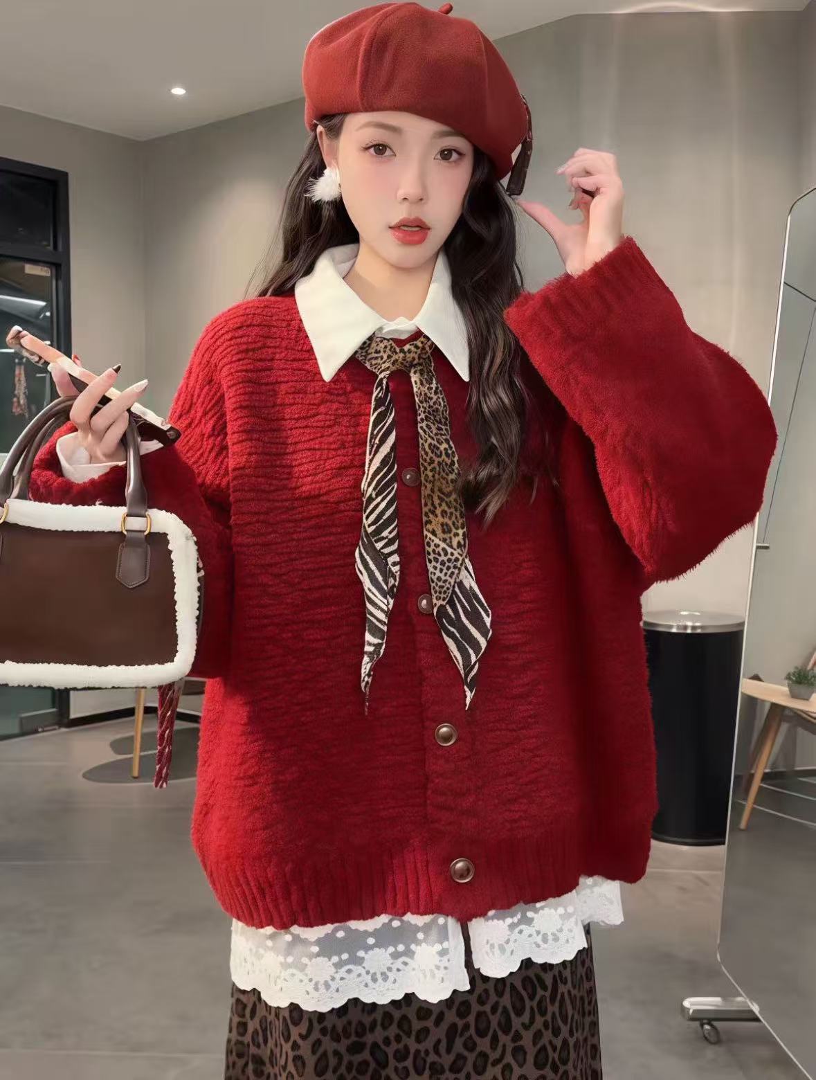 圣诞新年过年红色毛衣外套女款2025新款秋冬慵懒宽松针织开衫上衣