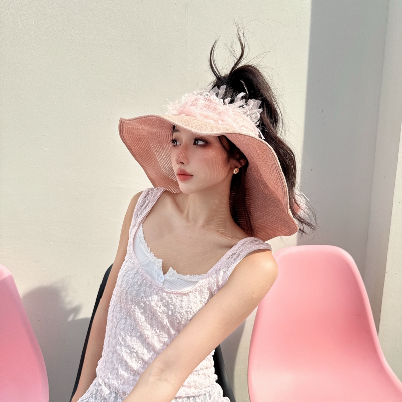 CREAMPP 原创大牌前短后长不规则遮阳大檐空顶帽野生感网纱流苏帽