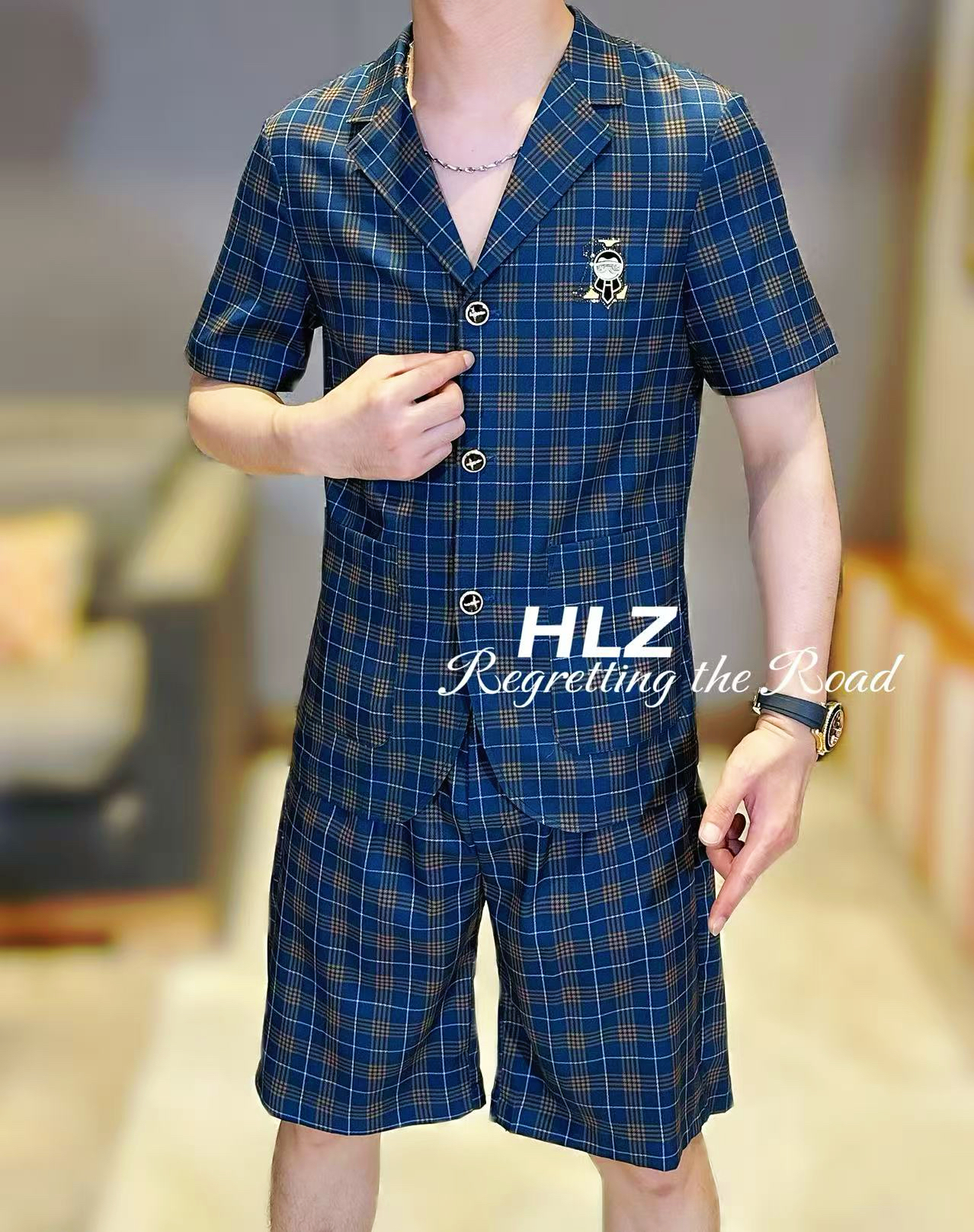 2025爆款男士时尚定制小佛爷格纹休闲时尚百搭西服短袖套装潮流