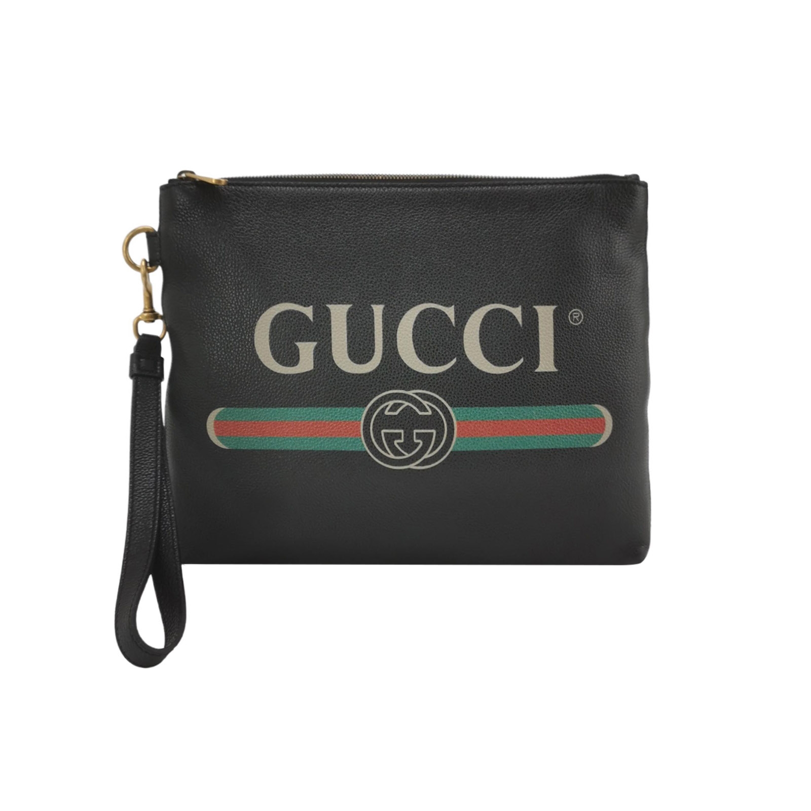 99新 GUCCI/古驰 黑色牛皮拼色字母Logo手拿包男女同款