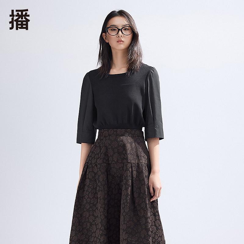 【达人专属】播春复古泡泡袖拼接针织衫BDR1SD0449气质圆领