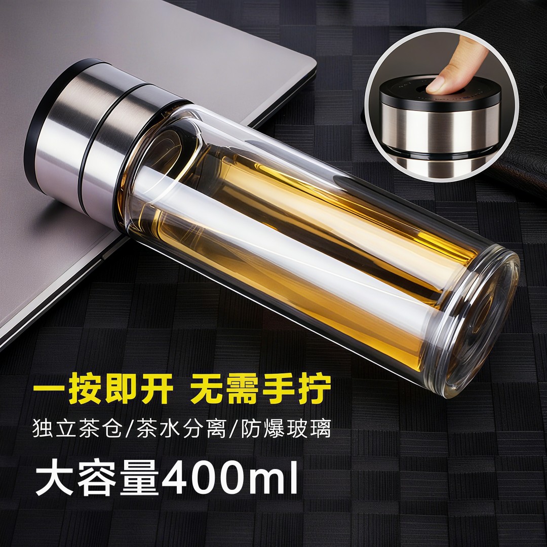 一键开盖透明玻璃泡茶杯大容量双层高硼硅玻璃杯加厚杯子