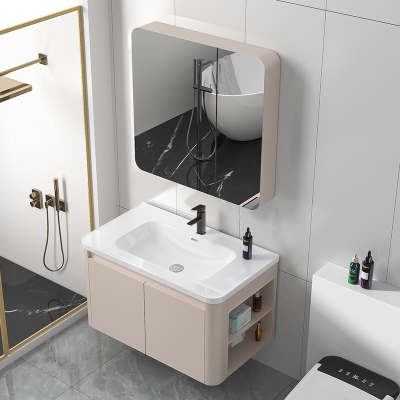 侧边圆弧奶油风储物浴室柜卫生间陶瓷一体盆洗手盆柜组合洗漱台柜