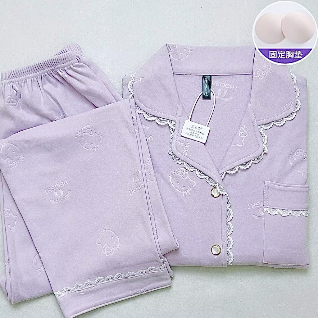 双面德绒秋冬加绒长袖长裤睡衣女带胸垫可爱美少女保暖家居服套装