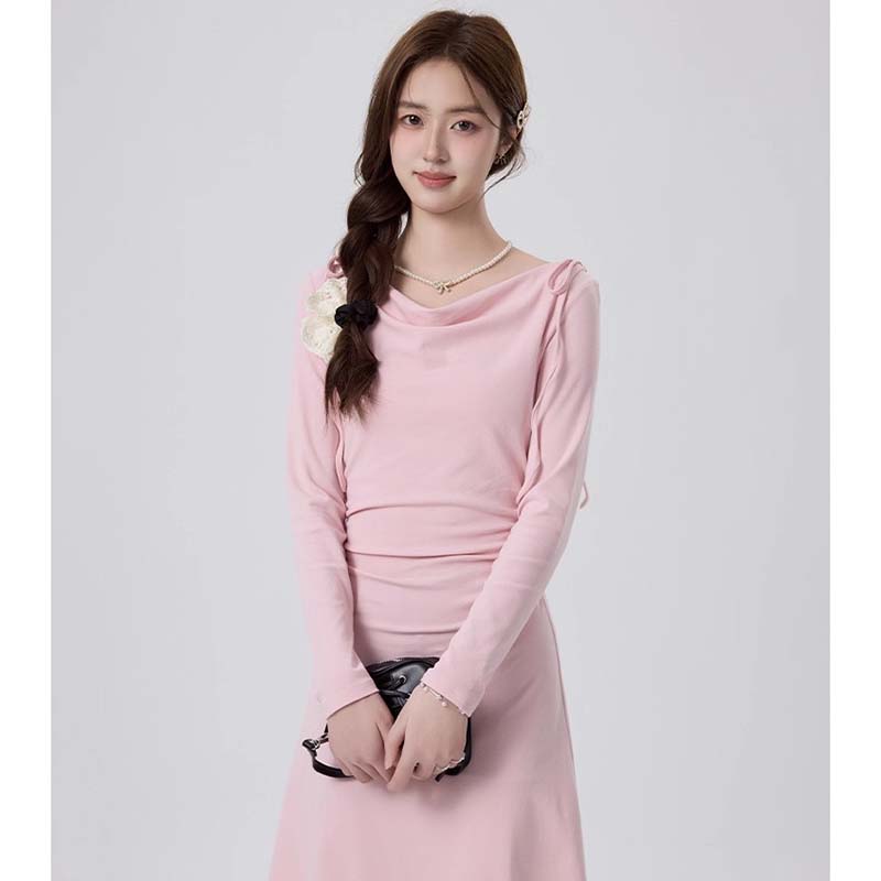 韩系温柔风荡领蝴蝶结抽褶连衣裙时尚优雅裙D3963