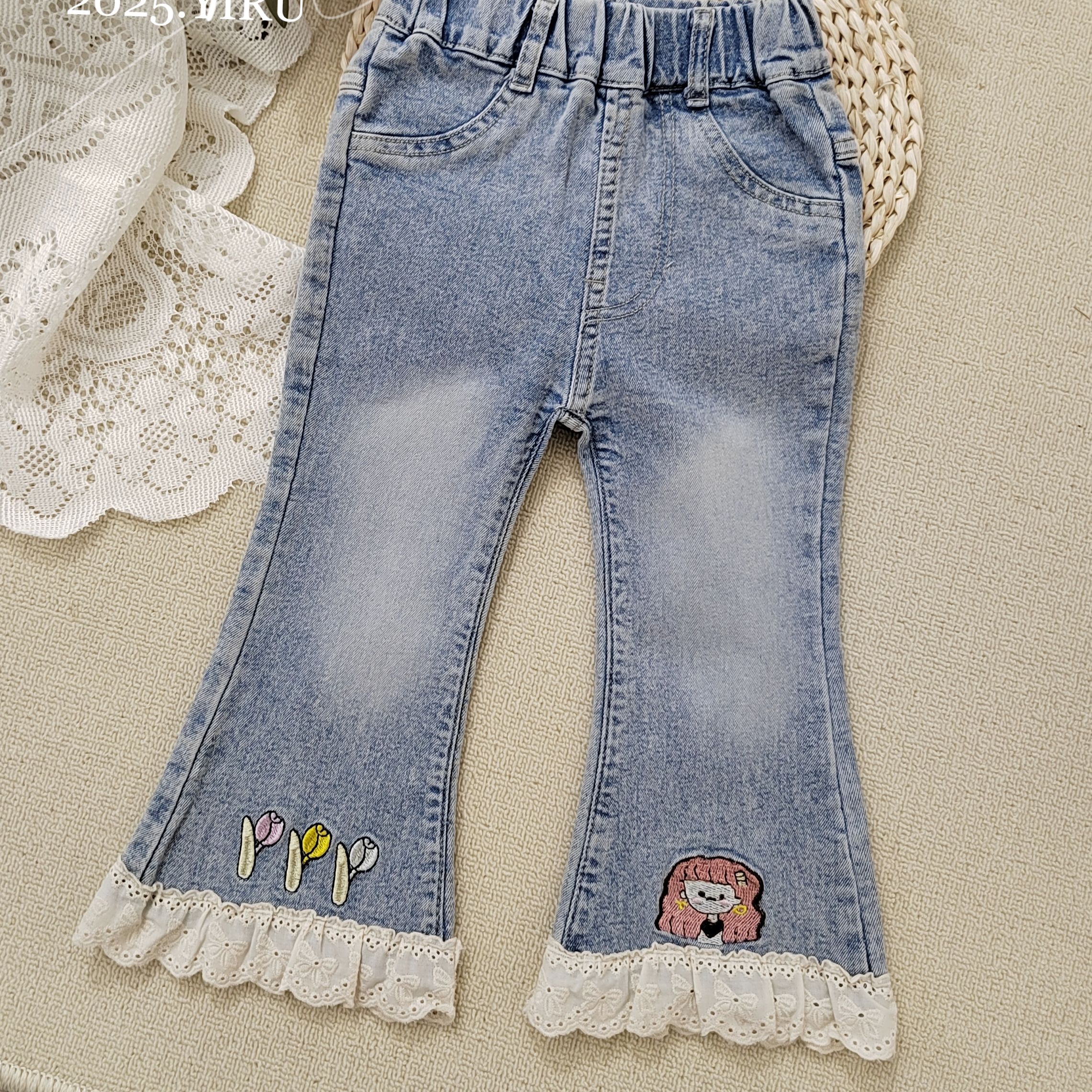 番茄家*2025年春季新款女童脚口花边小女孩微喇牛仔裤D-W30